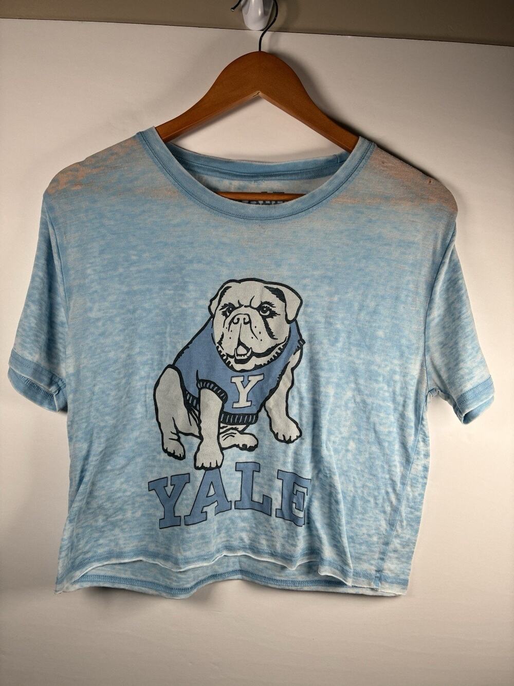 Yale University S Womens Crop Tee Bulldog Burnout Light Blue Ivy League Preppy